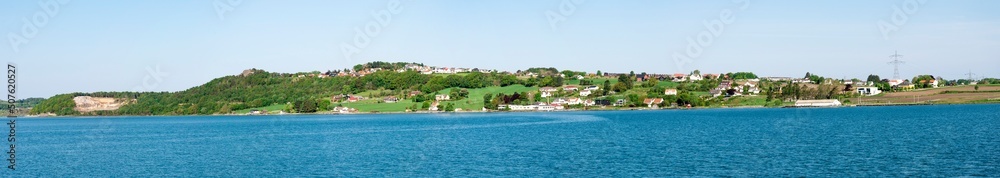 Panorama of Hafrsfjord bay and Madla suburb coastline, Stavanger, Norway, May 2018