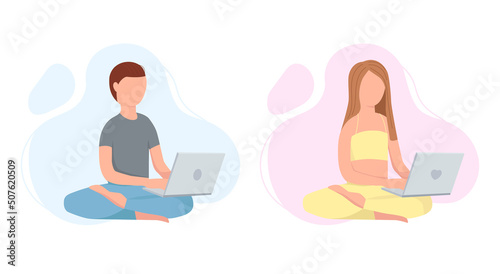 Flat design young woman and man characters working on a laptop or computer. Smm manager, programmer. Freelancer working on web and application development on computers. Software developers.