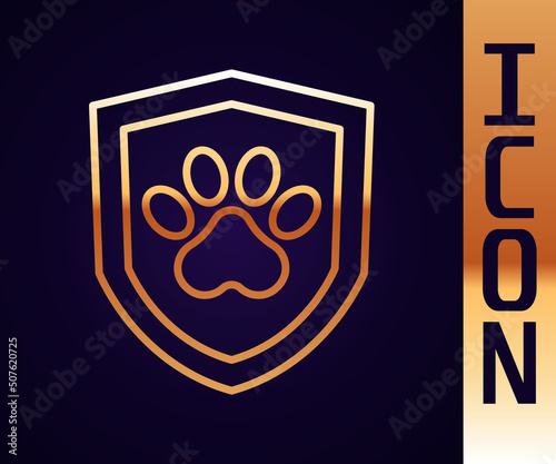 Gold line Animal health insurance icon isolated on black background. Pet protection concept. Dog or cat paw print. Vector
