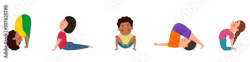A set of pretty girls and boys of different nationalities are engaged in yoga. Yoga for children. Vector illustration in a flat style