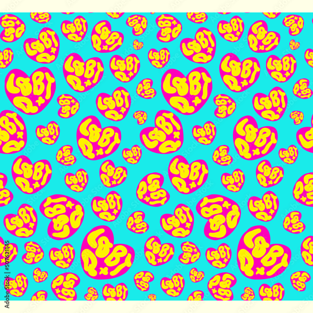 LGBTQ+ typography in red heart shape. Drawing of pride background festival. Love event. Seamless retro pattern vector LGBTQ+ typography in red heart shape. Drawing of pride background festival. Love event. Seamless retro pattern vector