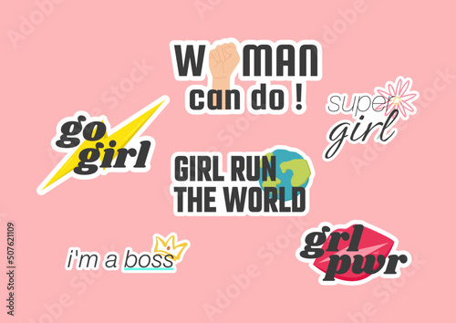 Collection of trendy feminism stickers with inspiration quotes. Girl power. Vector illustration