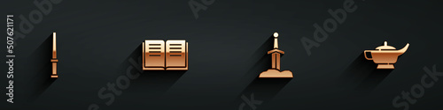 Set Magic wand, Ancient magic book, Sword in the stone and lamp Aladdin icon with long shadow. Vector
