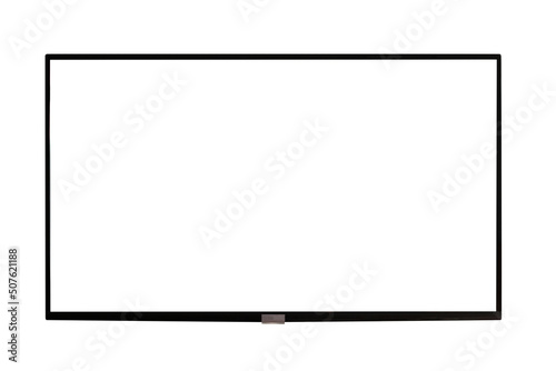 Black led tv television screen mockup with blank empty plasma screen display isolated on white wall background