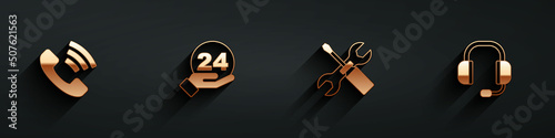 Set Telephone 24 hours support, , Screwdriver and wrench spanner and Headphones icon with long shadow. Vector