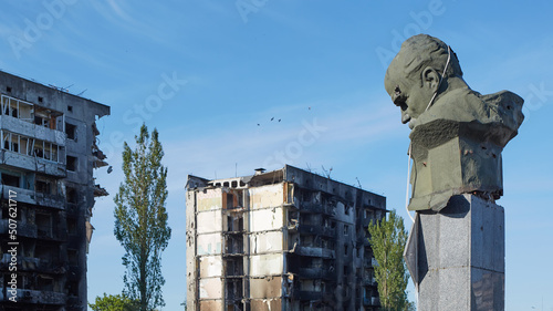 Borodianka, Kyiv region, Ukraine. The monument to Shevchenko was shot by the russian occupiers. photo