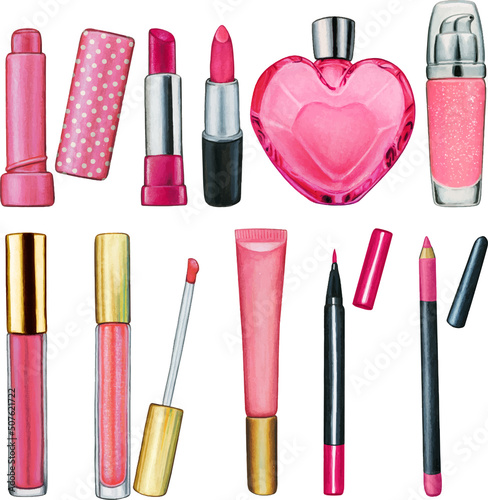 watercolor hand drawn cosmetics collection