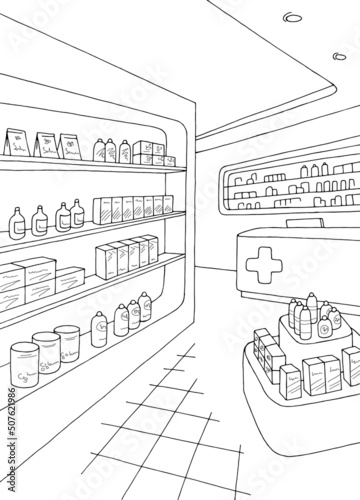 Pharmacy interior graphic store shop black white vertical sketch illustration vector 