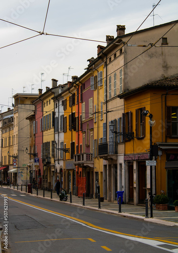 Colorful houses in Parma during a rainy day
