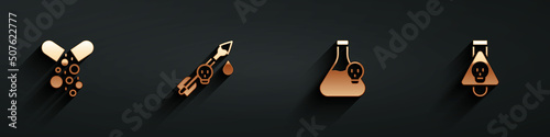Set Poisoned pill, the arrow, Beaker with toxic liquid and Bottle potion icon with long shadow. Vector