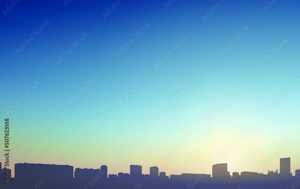 Illustration of silhouettes of a big city, with towers, buildings and huge clear sky in the background. Clear sky. Empty space leaves room for design elements, sings or text. Panorama. Poster.