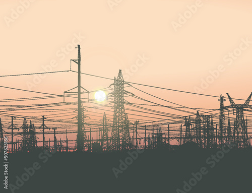 Power lines. Electricity pylons. Electricity. Electric Power Industry. Vector illustration of industrial landscape, with high voltage towers and huge clear sky and sun in the background. Panorama