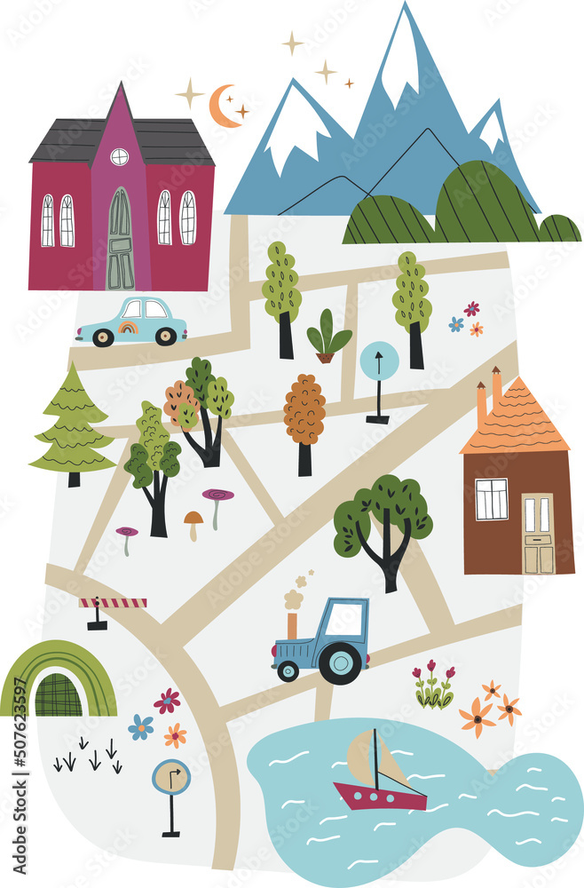 Cute town map for kid's room. Hand drawn vector illustration of a city or village with roads, streets and cars. Nursery concept for bedding, poster.