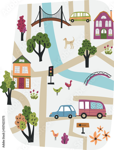 Cute town map for kid's room. Hand drawn vector illustration of a city or village with roads, streets and cars. Nursery concept for bedding, poster.