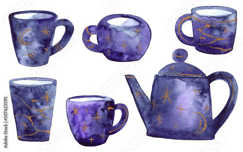 Watercolor illustration of a set of ceramic tea drinking utensils in purple color with golden stars.