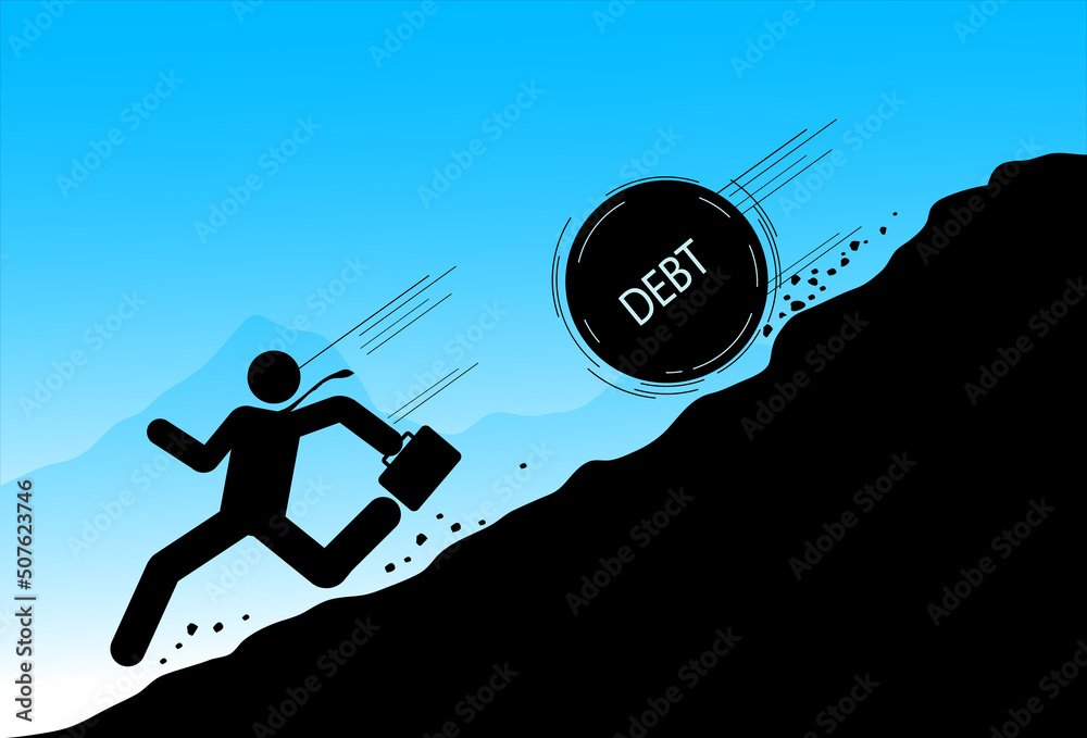 Huge rock or boulder rolling down a man from steep hill , risk, trouble and  crisis. vector Stock Vector
