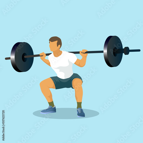 Strong man with bending knees doing high bar squat, lifting barbell. Strength exercise with added weight. Weightlifter's workout.