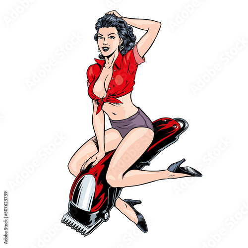 Attractive blonde woman sitting on barber electric hair clipper, barbershop or hair saloon retro pin up style vector illustration  photo