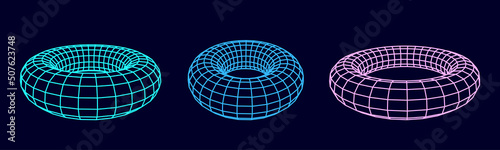 Set of color wireframe torus. 3d geometric forms. Realistic isolated model. Vector isometric shapes.