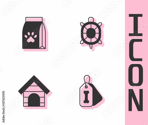Set Dog collar with bone, Bag of food for pet, house and Turtle icon. Vector
