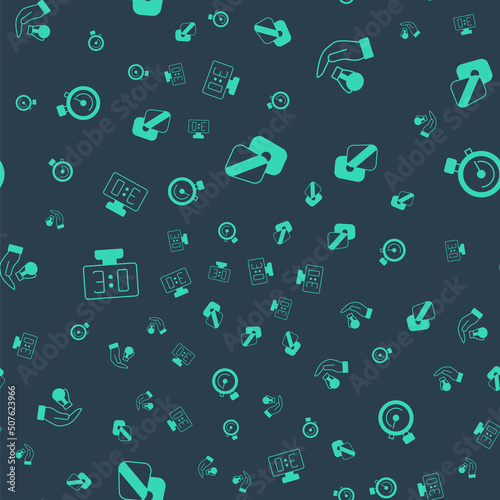 Set Boxing training paws, glove, Sport mechanical scoreboard and Stopwatch on seamless pattern. Vector