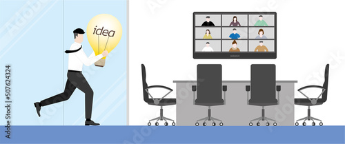 Business idea concept. An employee running to an office meeting room with a light bulb as a solution to problem-solving for online conference. Hurry up in the rush hour for performance in occupation.