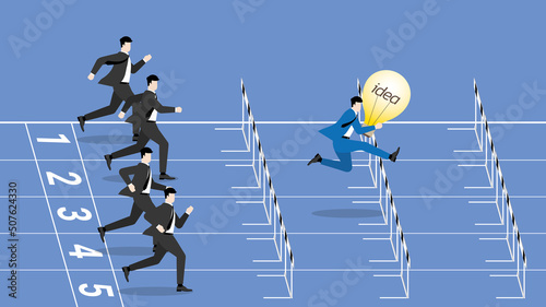 Business idea competition, contest,  rivalry, compare performance concept. A leader businessman with a light bulb and opponents are compete run on a race track and jump overcome obstacles for victory.