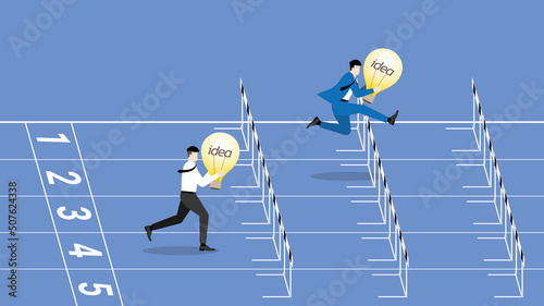 Business idea competition, contest,  rivalry, compare performance concept. A leader businessman with a light bulb and employee are compete run on a race track and jump overcome obstacles for victory.