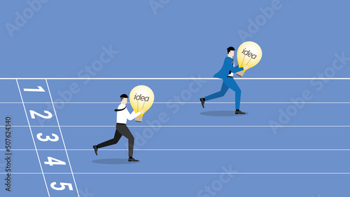 Business idea competition, contest,  rivalry, compare performance concept. A leader businessman, boss, CEO, a manager and employee are compete run with light bulb on a race track for victory position.