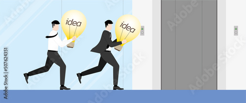 Business idea competition, contest,  rivalry concept. A manager businessman and employee run to elevator with a light bulb as solution to problem-solving. Herry up lifestyle in occupation performance.