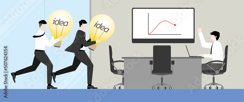 Business idea competition, contest,  rivalry concept. A manager businessman and employee run to meeting room with a light bulb as solution to problem-solving. Busy lifestyle in occupation performance.