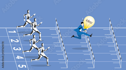 Business idea competition, contest,  rivalry in cyber technology concept. A businessman with a light bulb and a robot are competing. Human versus cyborg run on a racetrack and jump overcome obstacles.