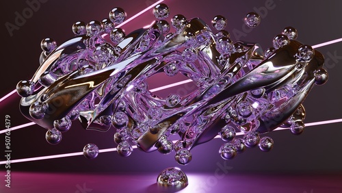 Steel bubbles beautiful purple background. Bubbles with reflection metal slurry. 3D illustration