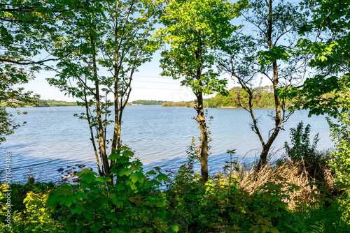 A view to Halandsvatnet lake through the trees from a walking path, Stavanger, Norway, May 2018