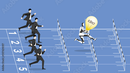 Business idea competition, contest,  rivalry in cyber technology concept. A businessman and a robot with a light bulb are competing. Human versus cyborg run on a racetrack and jump overcome obstacles.