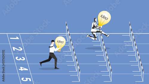 Business idea competition, contest,  rivalry in cyber technology concept. A businessman and a robot are competing with a light bulb. Human versus cyborg run on a racetrack and jump overcome obstacles.