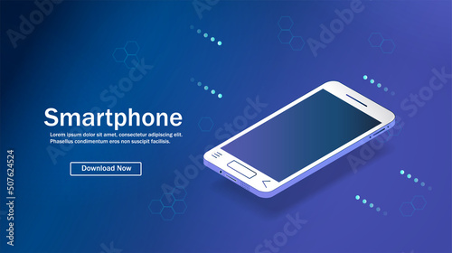 The smartphone is lying on a smooth dark blue surface or a table in perspective. Realistic vector illustration of an isometric smartphone. The layout or template of a shiny mobile phone. Vector