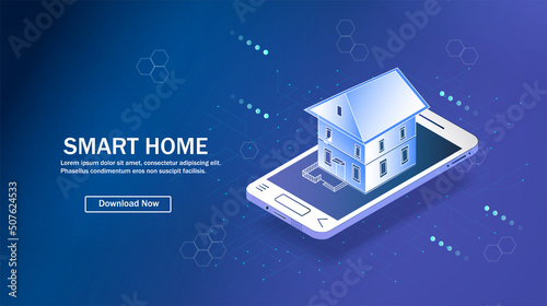 Smart home is a controlled smartphone. The technology of the home automation system. The house standing on the mobile phone screen.	