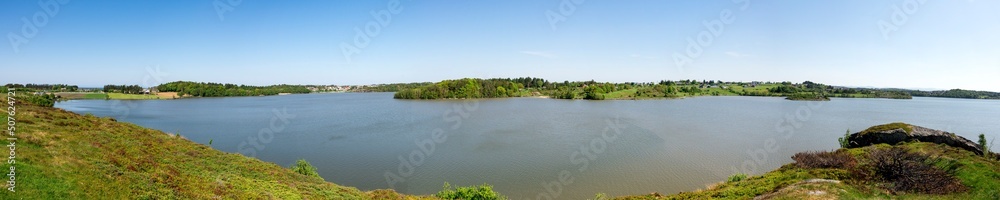 A wide panorama of Halandsvatnet lake from one of the hills, Stavanger, Norway, May 2018