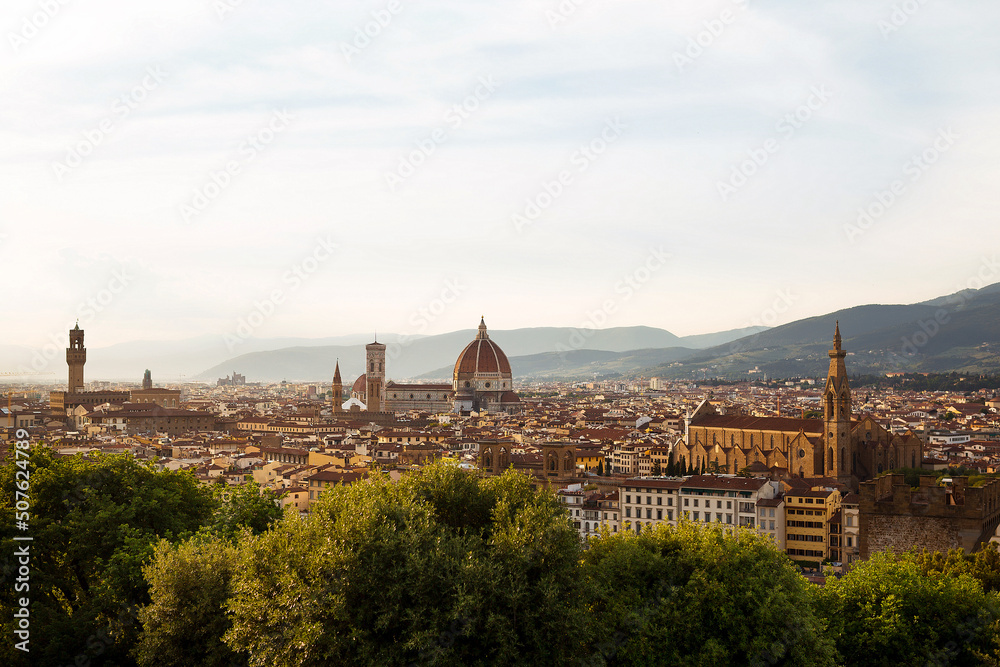 Aerial view of Florence with the Basilica Santa Maria del Fiore, Duomo. Tuscany, Italy