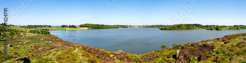 Panorama of the southern side of Halandsvatnet lake from a hill viewpoint, Stavanger, Norway, May 2018