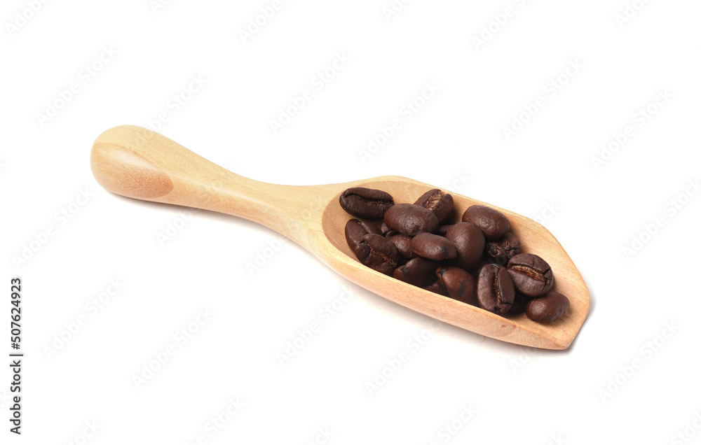 Coffee beans in Wooden scoop isolated on white background Coffee beans in Wooden scoop isolated on white background