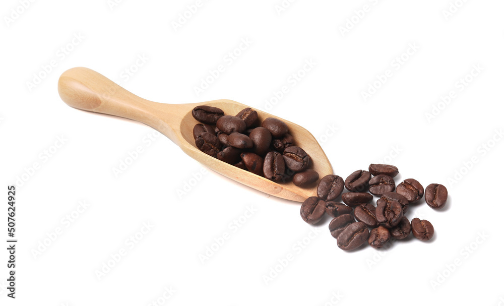 Fototapeta premium Coffee beans in Wooden scoop isolated on white background