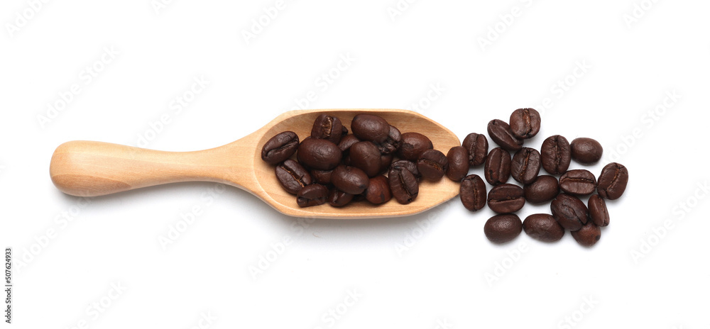 Fototapeta premium Coffee beans in Wooden scoop isolated on white background, Top view