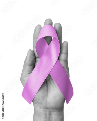 Lavender ribbon awareness for National cancer survivors month in June with lavender purple bow color isolated on hand on white background with clipping path
