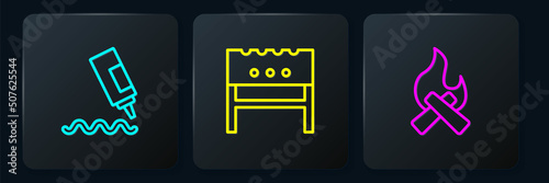 Set line Sauce bottle, Campfire and BBQ brazier. Black square button. Vector