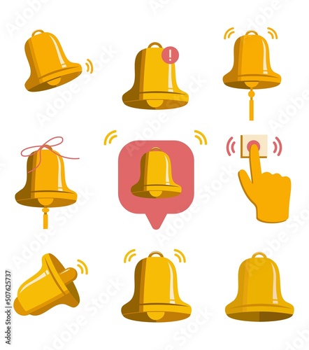 Large set of signal bells. Notification bell icon. Call with new alarm and smartphone app notification or new message. School bell, alarm sign, red button. Vector collection for website, logo, app, ui
