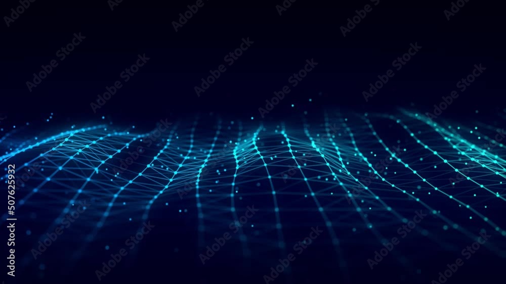 Wave of particles and lines. Big data visualization. Abstract background with a dynamic wave. 3d rendering.