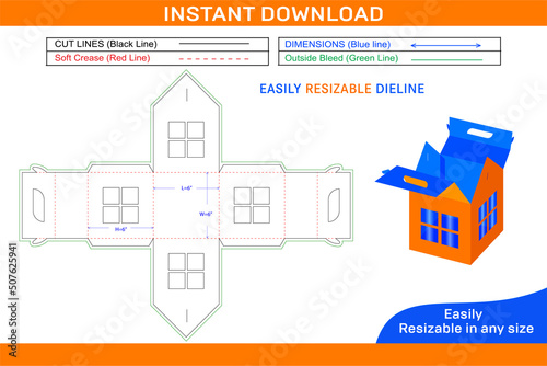 House shaped wedding favor box with window die cut template