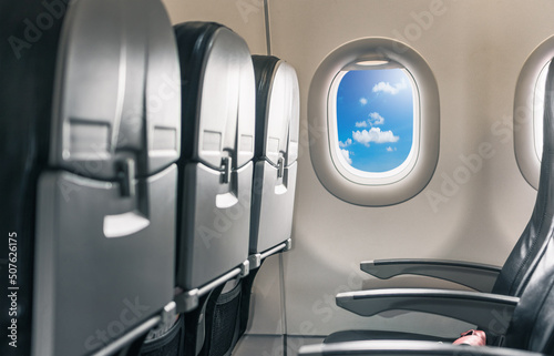 Photography Empty seat inside airplane and window inside view blue sky on flight daylight